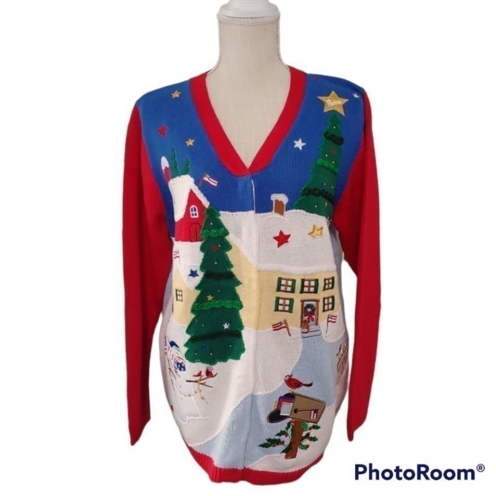 Quacker Factory Fun red white blue Patriotic zip front holiday cardigan sweater